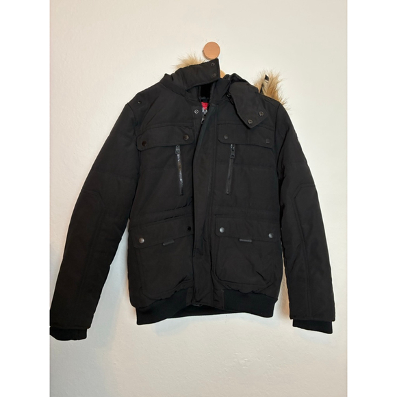 NEW! GUESS FAUX FUR HOOD PUFFER WINTER JACKET FOR MEN, BLACK SIZE SMALL - Picture 2 of 10